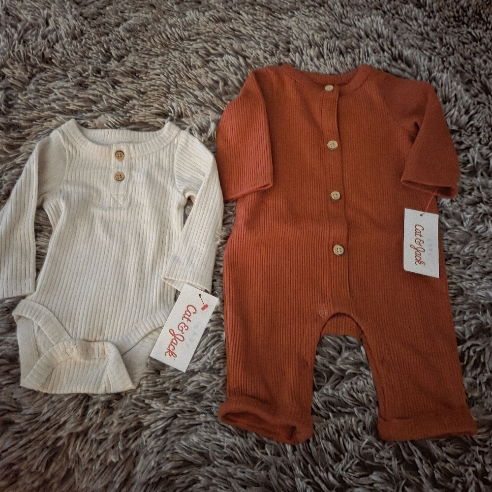 Cat & Jack Ribbed Bodysuit Set - Cream Onesie NB and Rust Bodysuit 0-3M